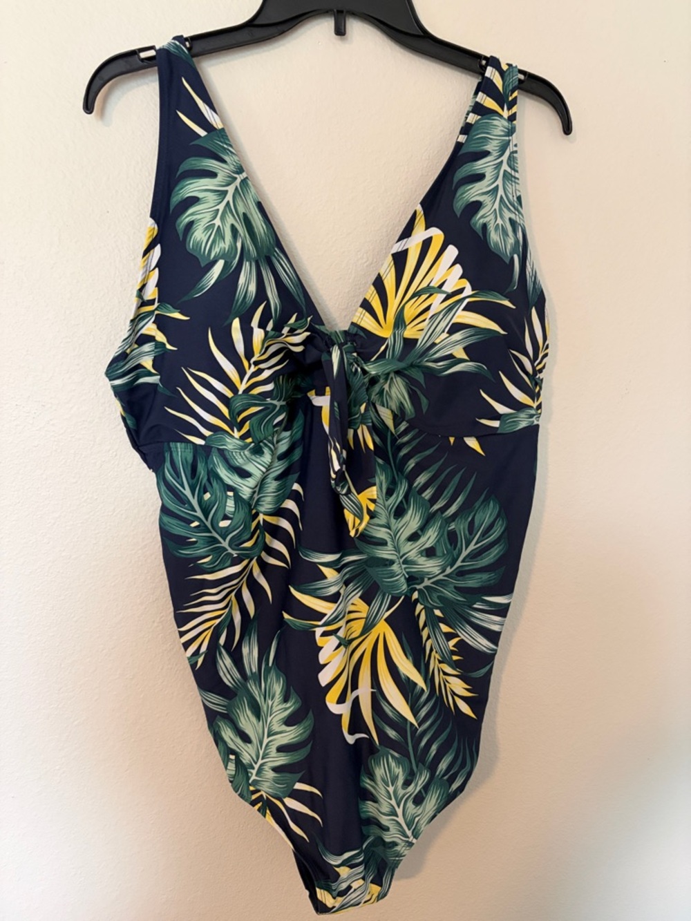 Tropical Leaf V-Neck One-Piece Swimsuit - Navy, Green & Yellow